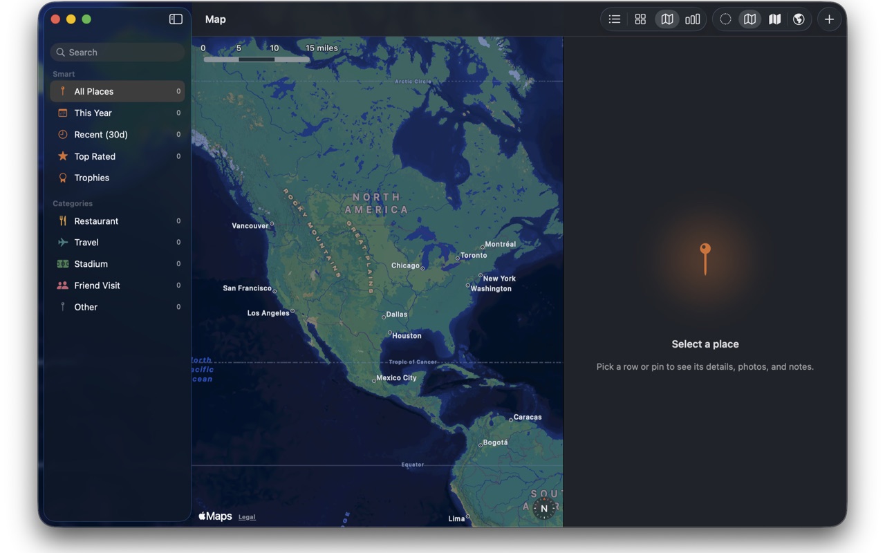 Wendmark on macOS showing pinned places on a map.