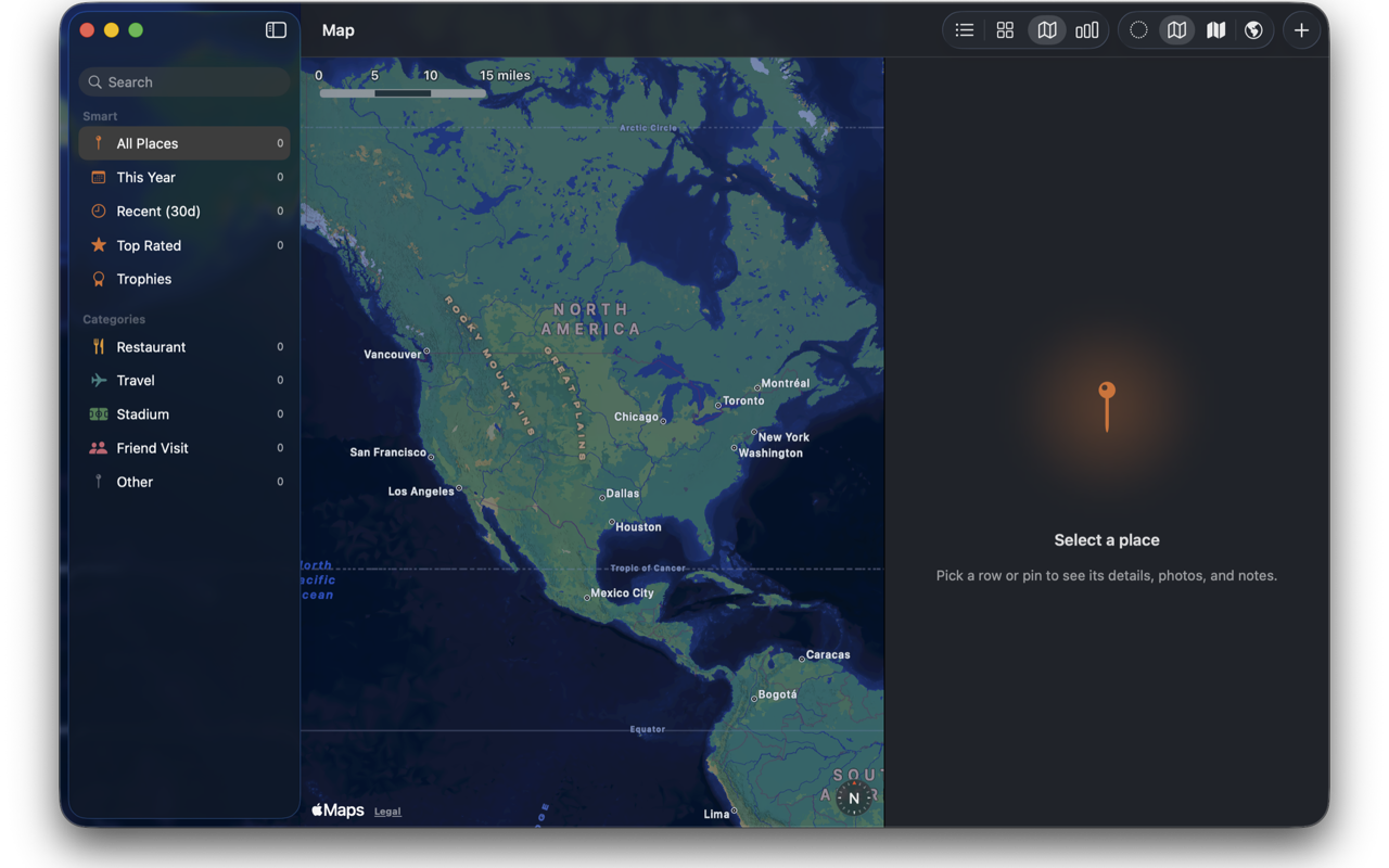 Wendmark on macOS showing pinned places on a map.